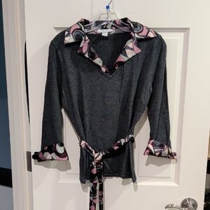 dressbarn Gray 3/4-Sleeve Sweater with Satin Collar, Cuffs, and Belt